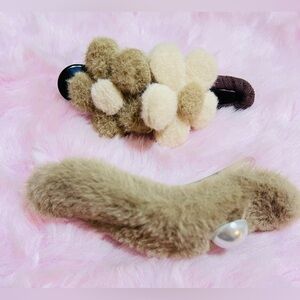 Fluffy Brown and Cream Hair Clips Set